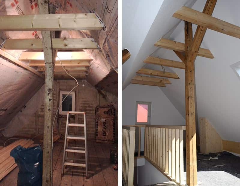 Links: Dachboden vor dem Ausbau, rechts: Dachboden nach dem Ausbau